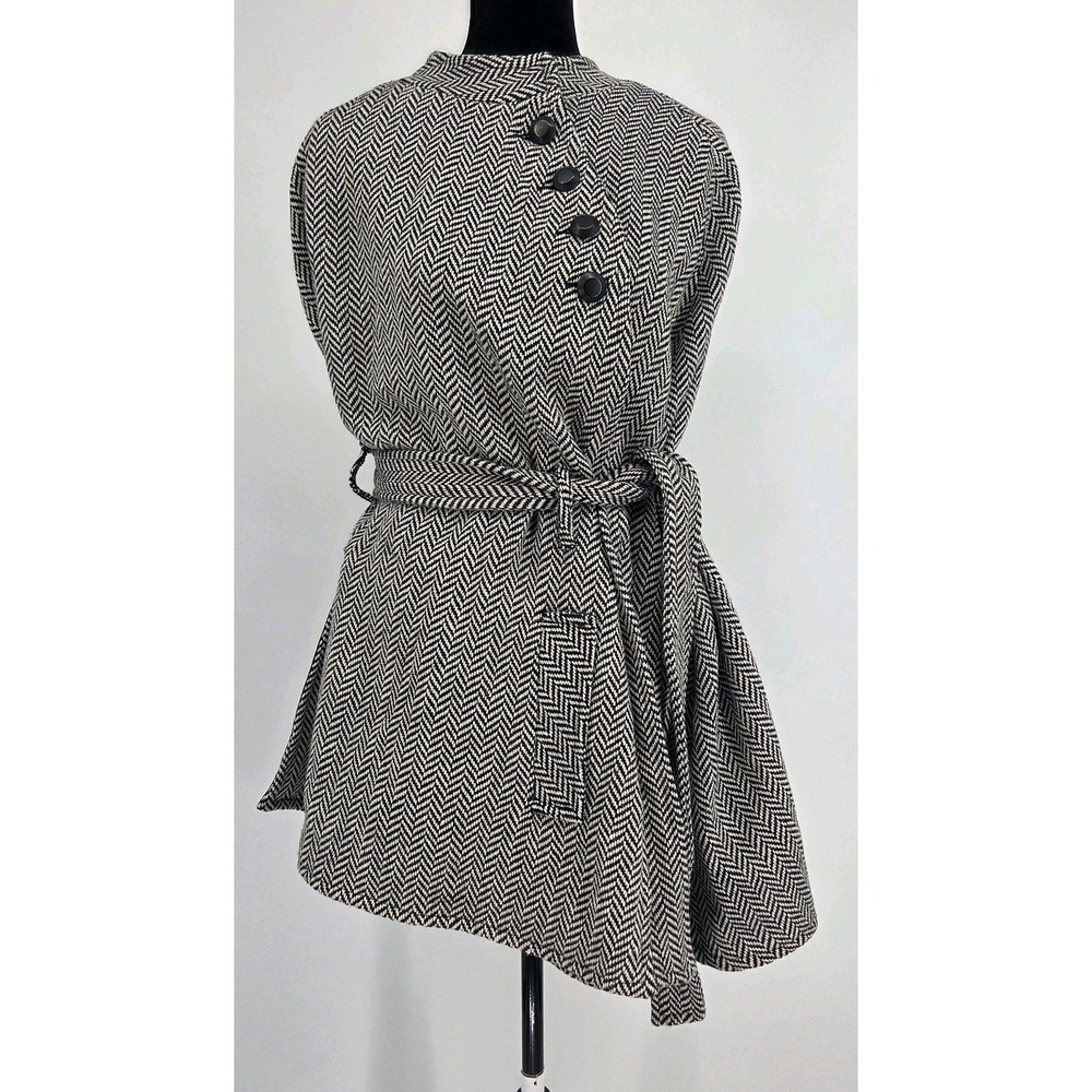 Vintage Joan Rivers Herringbone Cape/Coat Medium Wool Blend W Belt